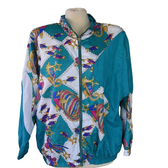 Vintage 80s Lavon Sport Full Zip Windbreaker Jacket Fish Nylon Teal Size Small - Picture 1 of 8